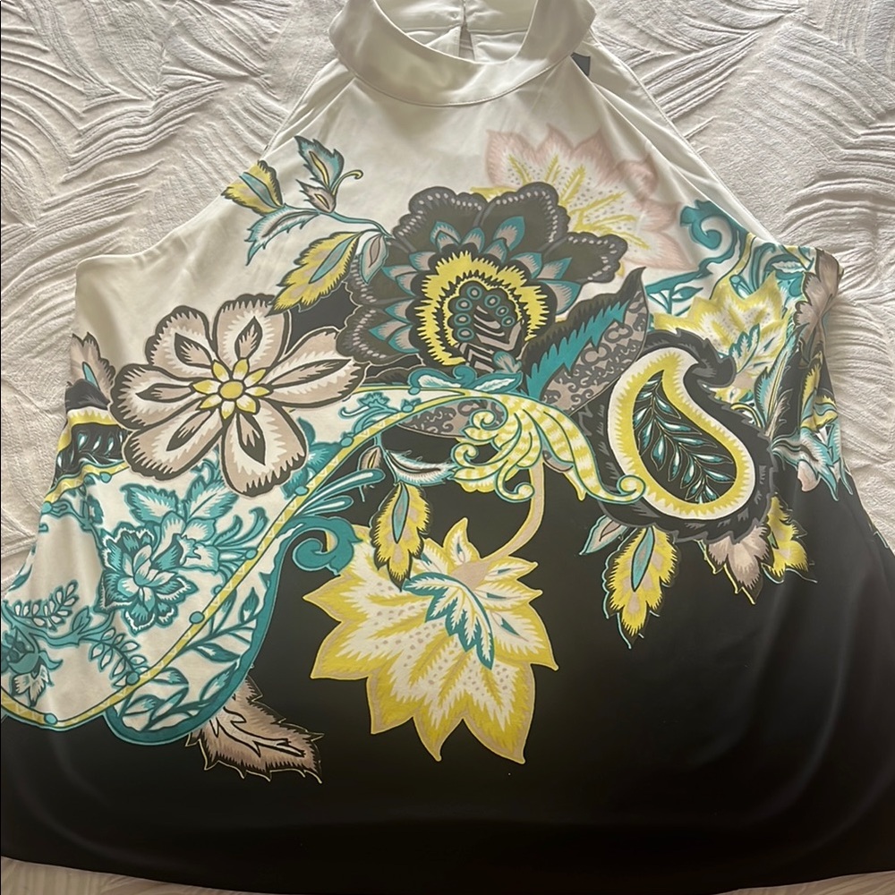 White House Black Market Blue and Yellow Halter Neck Blouse